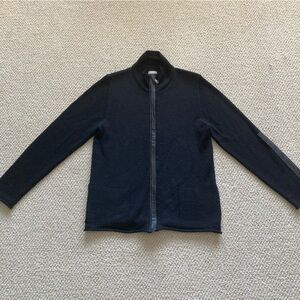 Chico’s Black Wool Blend Full Zip Coat Jacket Leather Trim Stretch Size 1 EUC